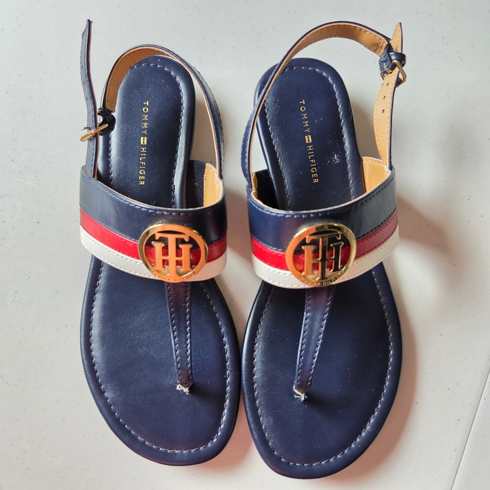 Tommy Hilfiger Jesi Navy Blue Red White Logo‎ Thong Slingback Wedge Sandals 8M - Picture 3 of 9